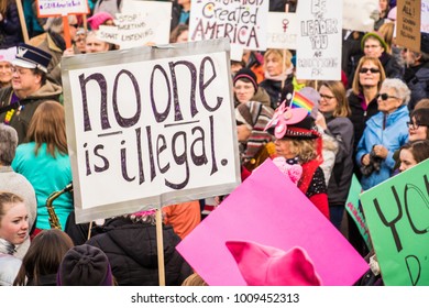 January 20, 2018, Portsmouth (New Hampshire). A Protester Supporting Undocumented Immigrants During Women March