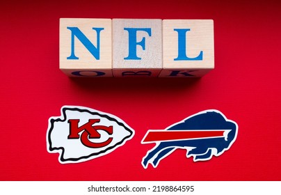 January 20, 2022. Kansas City, Missouri. The Emblems Of The Football Clubs Participating In The Playoffs Of The National Football League Buffalo Bills And Kansas City Chiefs On A Red Background.