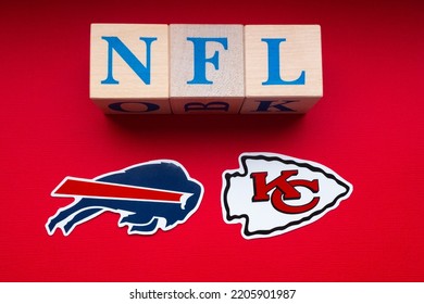 January 20, 2022. Kansas City, Missouri. The Emblems Of The Football Clubs Participating In The Playoffs Of The National Football League Buffalo Bills And Kansas City Chiefs On A Red Background.