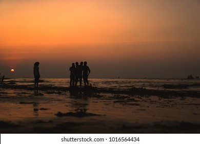 January 2018; Kochi, India - A Group Of Friends Taking A Photo Against The Sunset At Fort Kochi Beach.