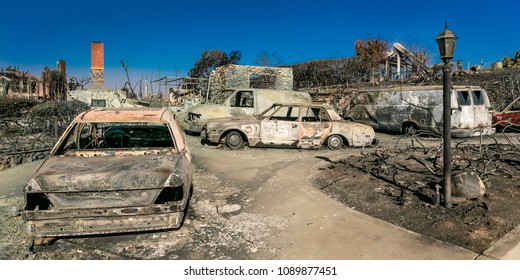 JANUARY 2018, VENTURA CALIFORNIA - Destroyed homes and cars from 2018 Thomas Fire off Foothill Road in the Via Arroyo and Via Pasito neighborhood, the largest fire in California history
