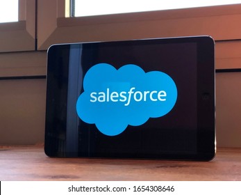 January 2020 Parma, Italy: Salesforce company logo icon on tablet screen close-up. Salesforce brand