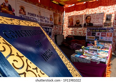 January 2021 Delhi, India:
A Board Of Constitution Of India At Singhu Border.farmers Are Protesting Against New Farm Law By Indian Government.