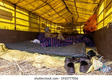 January 2021 Delhi, India:
A Old Sikh Farmer Sleeping In Their Trolley During The Farmers Protest.