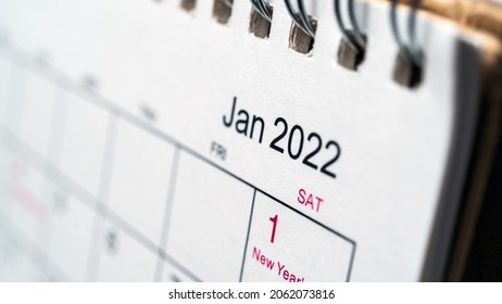 January 2022 year on desk calendar close up.
