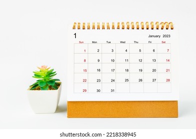 January 2023 Monthly desk calendar for 2023 year with plant pot isolated on white background. - Shutterstock ID 2218338945
