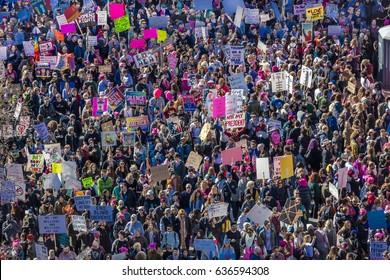 JANUARY 21, 2017, LOS ANGELES, CA. Aerial View of 750,000 participate in Women's March, activists protesting Donald J. Trump in nation's largest march the day after Presidential Inaugural, 2017