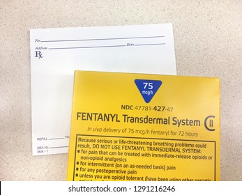 January 21,2019: Ogden, Utah USA- Fentanyl Box Which Is A Drug Causing Many Deaths And Overdoses In The Opioid Epidemic On A Pharmacy Note Pad