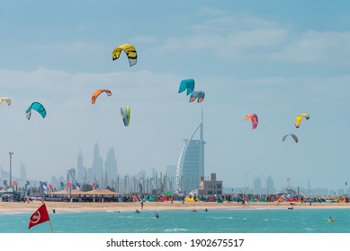 January  22nd 2021, Dubai UAE, A View Of Colorful Kite Belonging To Kite Surfers Flying Over Kite Beach In The Sky Of Dubai