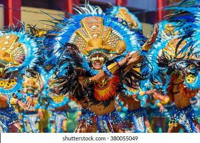 January 24th 2016. Iloilo, Philippines. Festival Dinagyang. Unidentified people on parade in carnival costumes. Documentary Editorial Image.