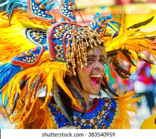 January 24th 2016. Iloilo, Philippines. Festival Dinagyang. Unidentified people on parade in carnival costumes. Documentary Editorial Image.