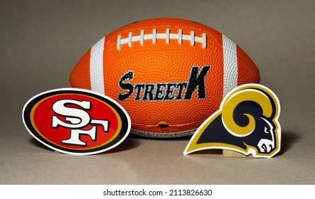 January 25, 2022. Inglewood, California. The Emblems Of The Football Clubs Participating In The National Football League Playoffs Los Angeles Rams And San Francisco 49ers.