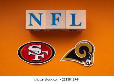 January 25, 2022. Inglewood, California. The Emblems Of The Football Clubs Participating In The National Football League Playoffs Los Angeles Rams And San Francisco 49ers.