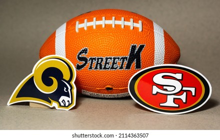 January 25, 2022. Inglewood, California. The Emblems Of The Football Clubs Participating In The National Football League Playoffs Los Angeles Rams And San Francisco 49ers.