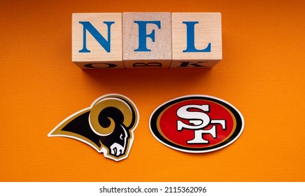 January 25, 2022. Inglewood, California. The Emblems Of The Football Clubs Participating In The National Football League Playoffs Los Angeles Rams And San Francisco 49ers.