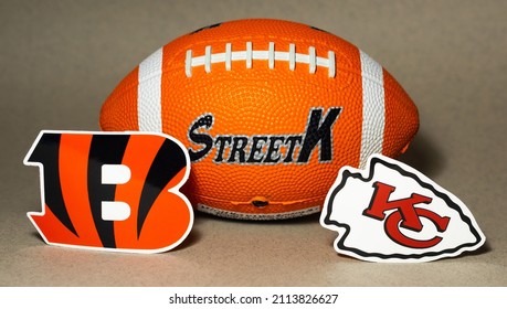 January 25, 2022. Kansas City, Missouri. The Emblems Of The Football Clubs Participating In The National Football League Playoffs Are The Kansas City Chiefs And The Cincinnati Bengals.