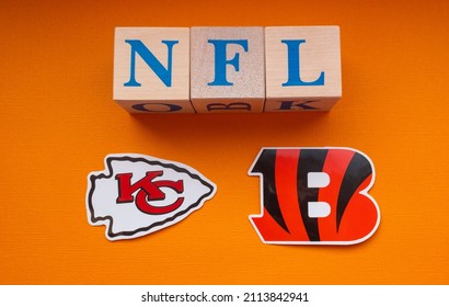 January 25, 2022. Kansas City, Missouri. The Emblems Of The Football Clubs Participating In The National Football League Playoffs Are The Kansas City Chiefs And The Cincinnati Bengals.