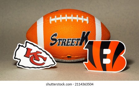 January 25, 2022. Kansas City, Missouri. The Emblems Of The Football Clubs Participating In The National Football League Playoffs Are The Kansas City Chiefs And The Cincinnati Bengals.