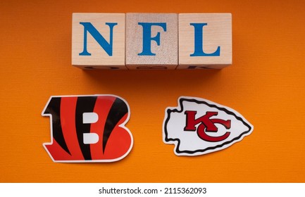 January 25, 2022. Kansas City, Missouri. The Emblems Of The Football Clubs Participating In The National Football League Playoffs Are The Kansas City Chiefs And The Cincinnati Bengals.