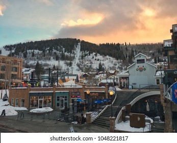 January 26, 2018-Park City Utah: Shops And Stores Below The Ski Slopes At Sunset During The Sundance Film Festival.