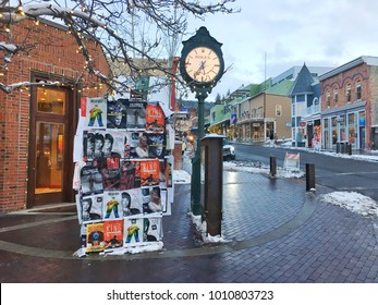 January 26,2018:Park City Utah- Bulletin Board With Sundance Movie Posters Outside On The Streets Of Main Street Park City. Sundance Film Festival Is A Popular Attraction In Park City