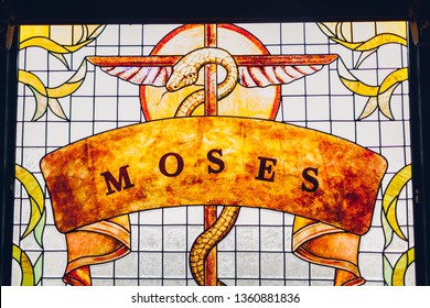 January 27, 2019 - Egypt, Sharm El-Sheikh. Moses Painting On Stained Glass Window. Brazen Serpent On Stick.