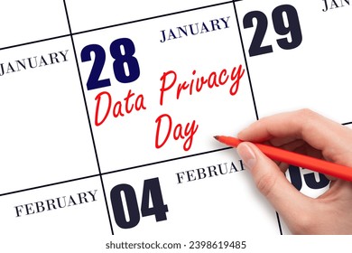 January 28. Hand writing text Data Privacy Day on calendar date. Save the date. Holiday.  Day of the year concept.