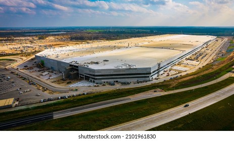 January 2nd , 2022 - Austin , Texas , USA: Elon Musk's Tesla GigaFactory massive Battery production plant that will also make the New 4680 Battery Cells and Cybertruck and Possibly Semi and Tesla Bot