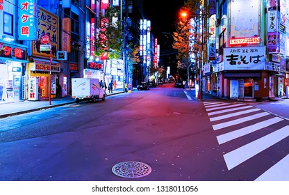 January 3, 2019 - Tokyo, Japan :: The Empty Night Street Without People But Beautiful Neon Light