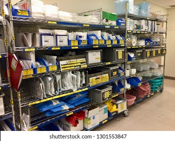 January 30th, 2019- Ottawa, Canada: A Supply Clean Hold Closet With Shelves Of Various Medical Equipment And Supplies At A Regional Hospital