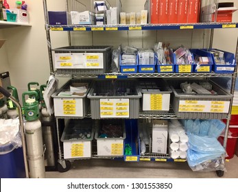 January 30th, 2019- Ottawa, Canada: A Supply Clean Hold Closet With Shelves Of Various Medical Equipment And Supplies At A Regional Hospital