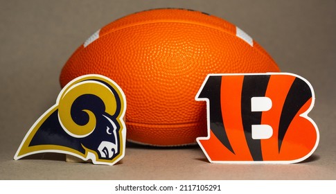 January 31, 2022 in Inglewood, California. The emblems of the football clubs of the Super Bowl2022 Los Angeles Rams and Cincinnati Bengals participants.