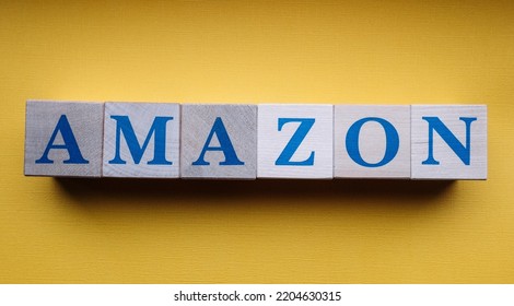 January 31, 2022. Seattle, Washington. The Name Of The Amazon Company, Laid Out From Wooden Cubes.