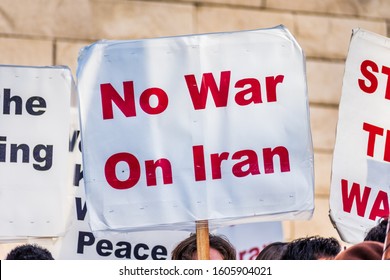 January 4, 2020 San Jose / CA / USA - Close up of No War On Iran sign raised at the anti-war protest in front of the Cityhall in downtown San Jose; 