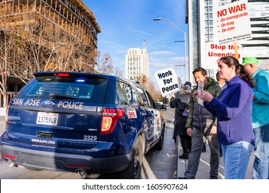 January 4, 2020 San Jose / CA / USA - San Jose Police Department Vehicle Stopped On The Side Of The Road At The Anti-war Protest In Front Of The Cityhall In Downtown San Jose; 