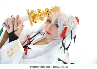 Japan Anime Cosplay , White Japanese Miko In White Tone Room