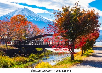Japan. Bridge Over The River On The Background Of Fuji. Autumn Landscape Kawaguchiko. The Mountain Is A Symbol Of Japan. Guide To Japan. Fujisan. Mountain Landscape Kawaguchiko.