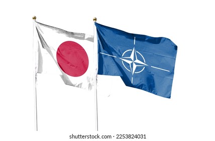 Japan flag and Atlantic Treaty Organization flag on cloudy sky. waving in the sky - Shutterstock ID 2253824031