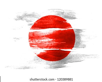The Japan flag painted on  white paper with watercolor
