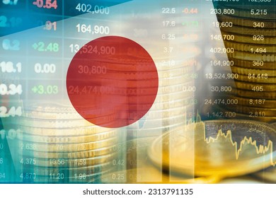 Japan flag with stock market finance, economy trend graph digital technology.