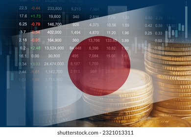 Japan flag with stock market finance, economy trend graph digital technology. - Shutterstock ID 2321013311