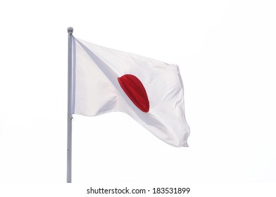 Japan Flag Waving On Flagpole, Isolated White Background