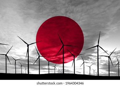 Japan Flag Wind Farm At Sunset, Sustainable Development, Renewable Energy Wind Turbines