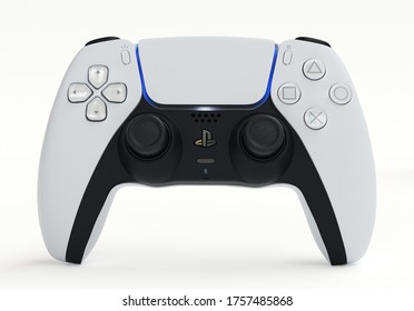 Japan - June 11, 2020. Presentation of a new product from Sony, wireless white PlayStation 5 gamepad on white background.  