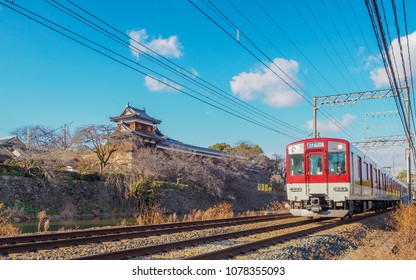 JAPAN, KORIYAMA - JAUNARY 12, 2018: Koriyama Castle In Nara Has The Kintetsu Train Line Run Along The Castle's Outer Moat In Nara Japan.