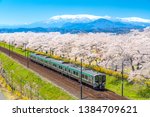 Japan landscape scenic view of JR Tohoku train with full bloom of sakura and cherry blossom, hitome senbonzakura, tohoku, asia with snow mountain in spring season. Beautiful sakura spot view in japan.