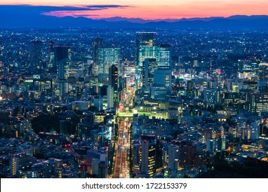 Japan. Panorama Of The Japanese City At Dusk. View Of Tokyo From A Height. City On The Background Of Silhouettes Of Mountains. Cities Of Japan. Urban Infrastructure. Evening In The Big City.