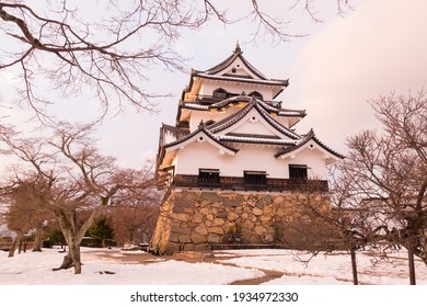 Japan, Shiga - Jan 31, 2018: Hikone castle in the sunset (Winter season)