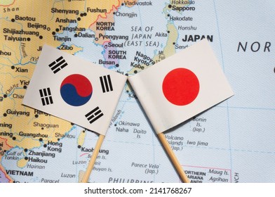 Japan And South Korea Flags Placed On A Map Of East Asia.National Bilateral Relations.Liancourt Rocks Dispute.Dokdo And Takeshima Island.
 Local Conflicts. Territorial.crisis. Tensions. Danger Of War.