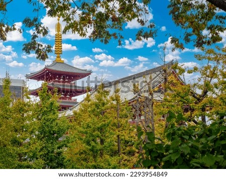 Japan summer. Tokyo cityscape. Asian pagoda. Traditional buddhist temples. Tokyo with blue sky. Japan on sunny day. Guide to Tokyo. Multi-storey asian pagoda. Landmarks of Japan. Asakusa area